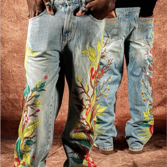 VeryRare Sakura Demi Jeans Size M Blue Pants Denim Embroidered Cherry Blossom - Picture 5 of 16